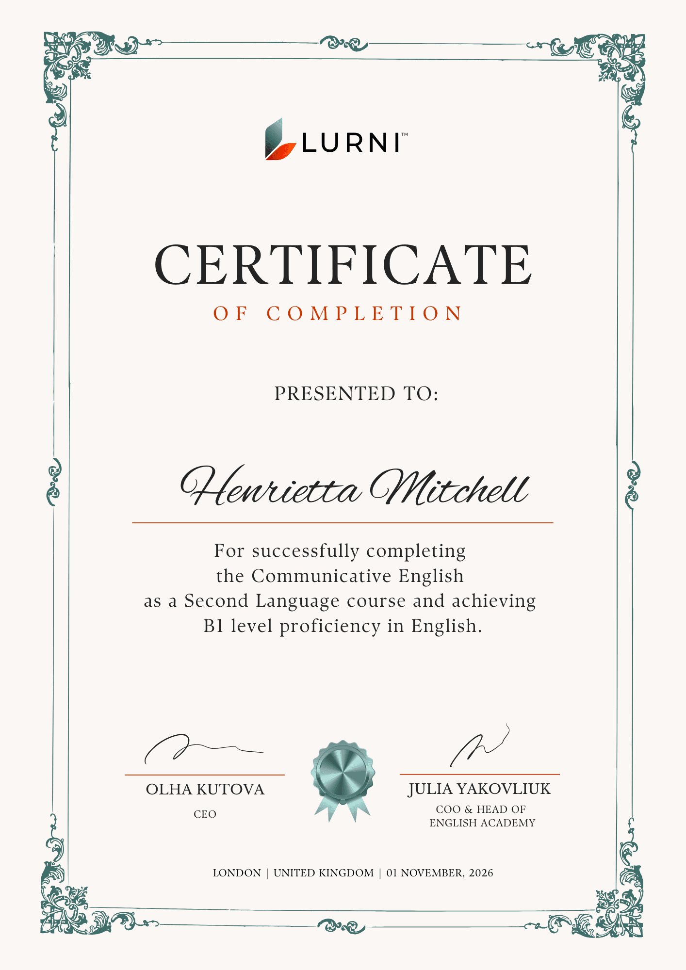 Lurni English course-completion certificate